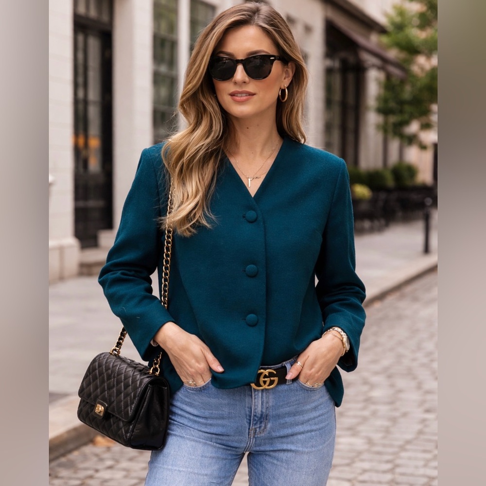 VINTAGE Teal Blazer, Wool, Collarless, Shoulder Pads, Newly Lined (US M)